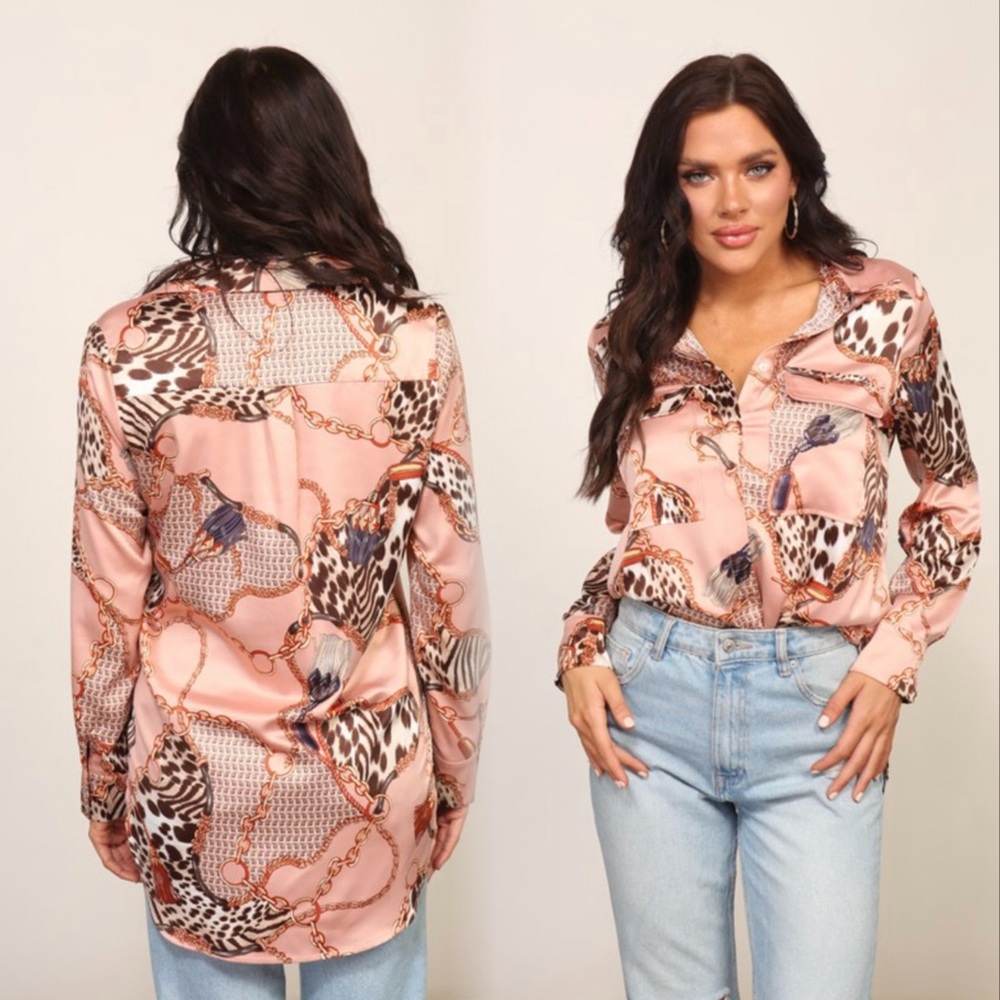 Chain and animal print button down satin polyester top - Picture 8 of 10